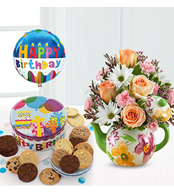 Birthday Teapot Blooms, Cookies &  Balloon Bundle, 1-Hour Gift Delivery